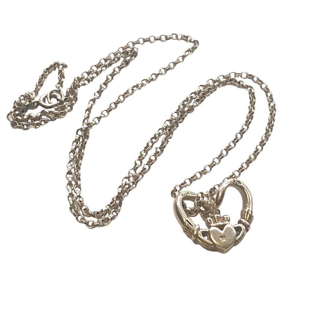 STERLING SILVER‎ CLADDAGH HEART PENDANT NECKLACE IRISH CELTIC LOVE 18 INCH CHAIN